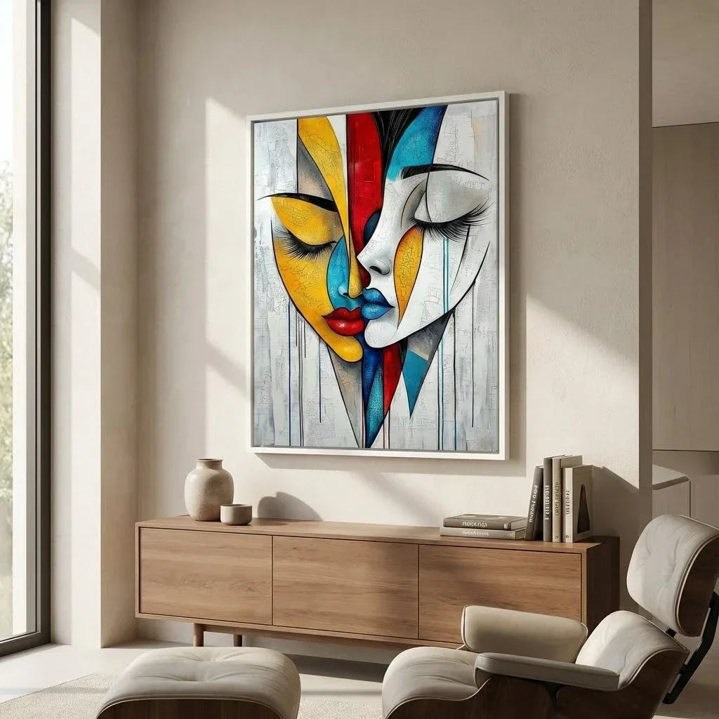 Abstract intertwined faces painting for elegant bedroom decor