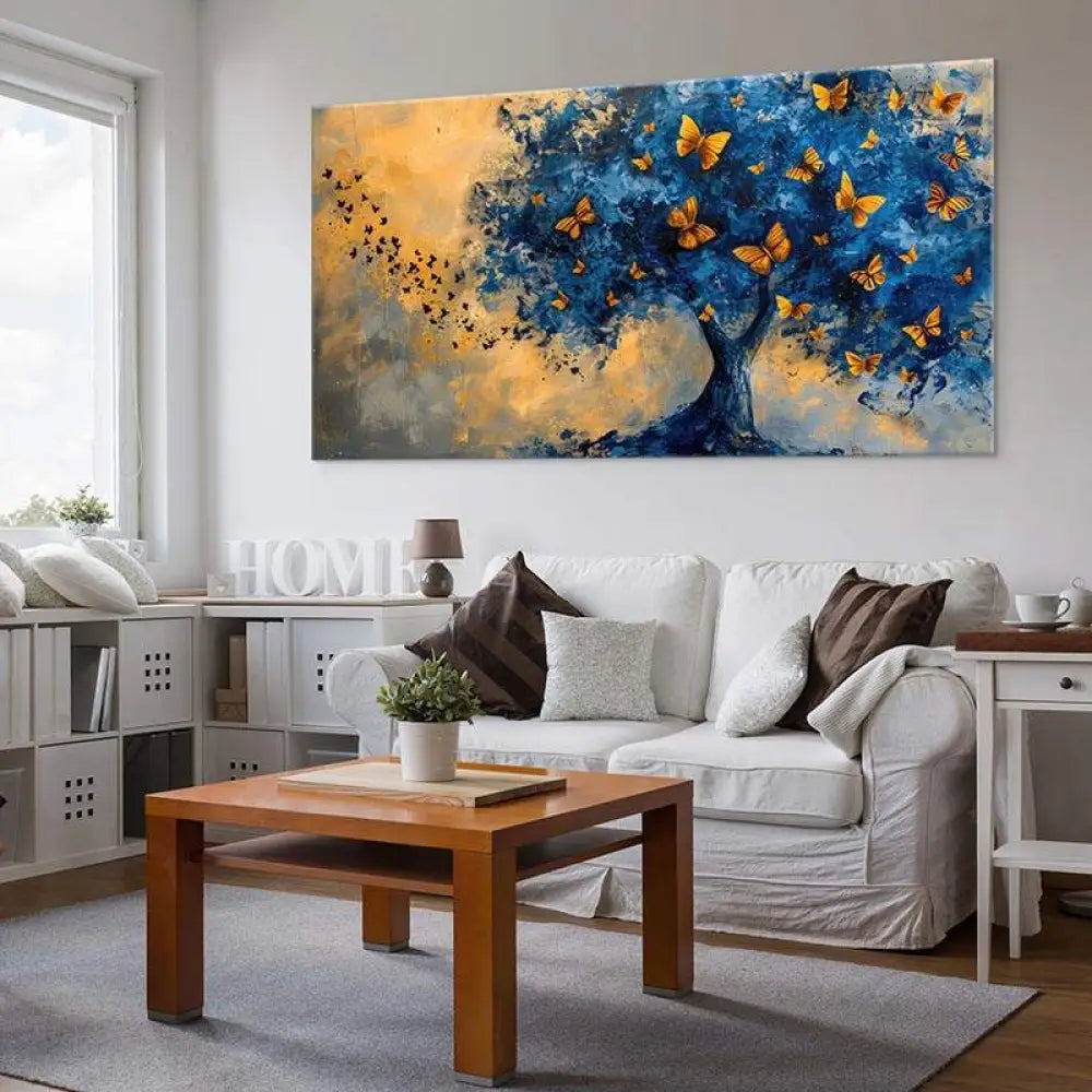 Tableau Arbre Bleu et Papillon 40x80cm / Toile tendue sur châssis Tableau Arbre