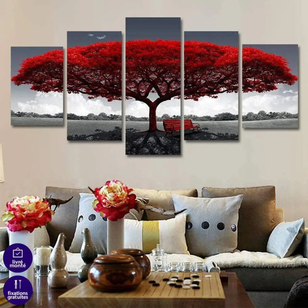 Tableau Arbre Rouge 5 Panneaux - Montableaudeco