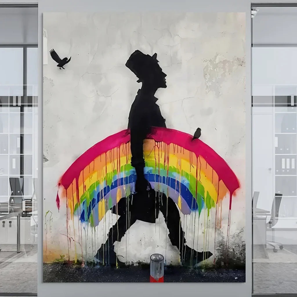 Tableau Banksy – Marcheur à l’Arc-en-Ciel, style graffiti/pochoir
