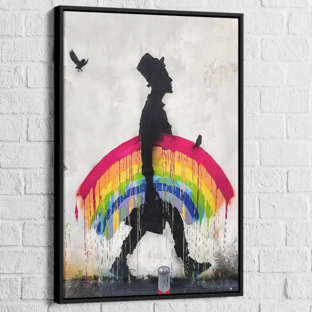 Tableau Banksy – Marcheur à l’Arc-en-Ciel, cadre noir