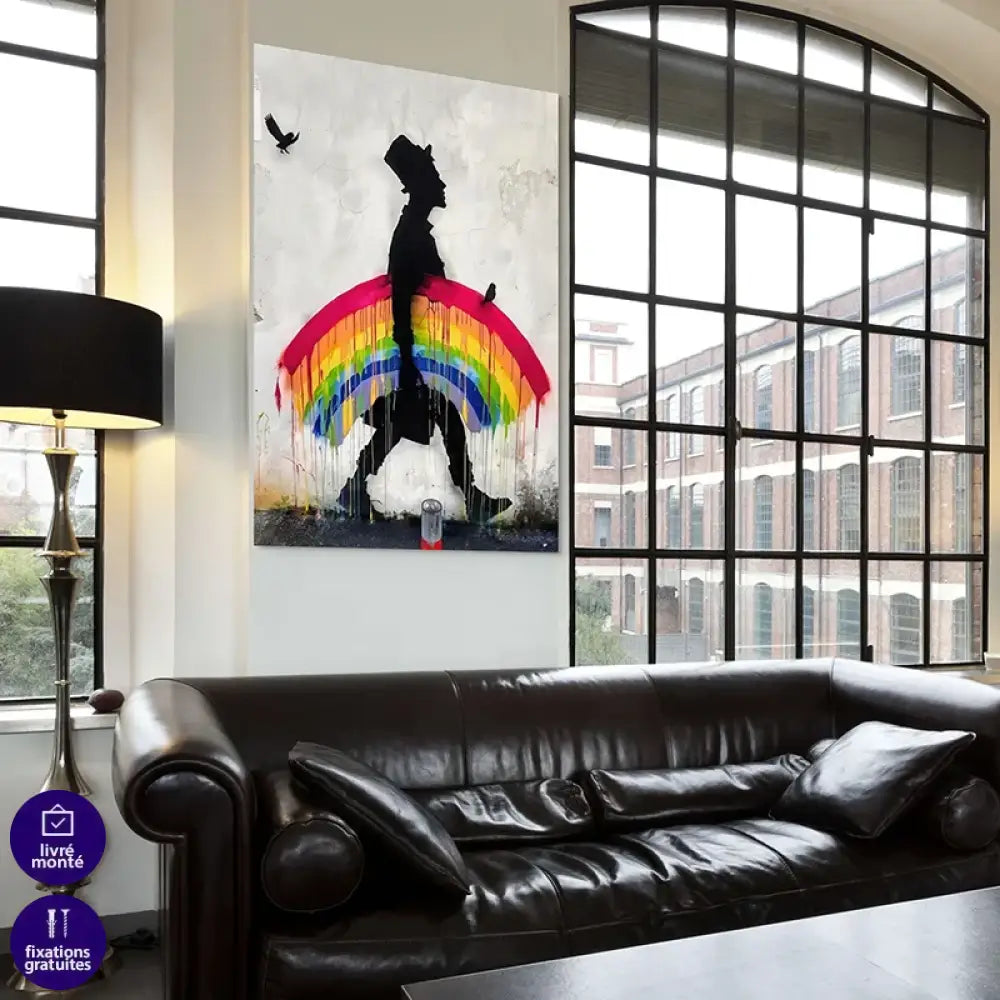 tableau banksy street art le marcheur arc en ciel