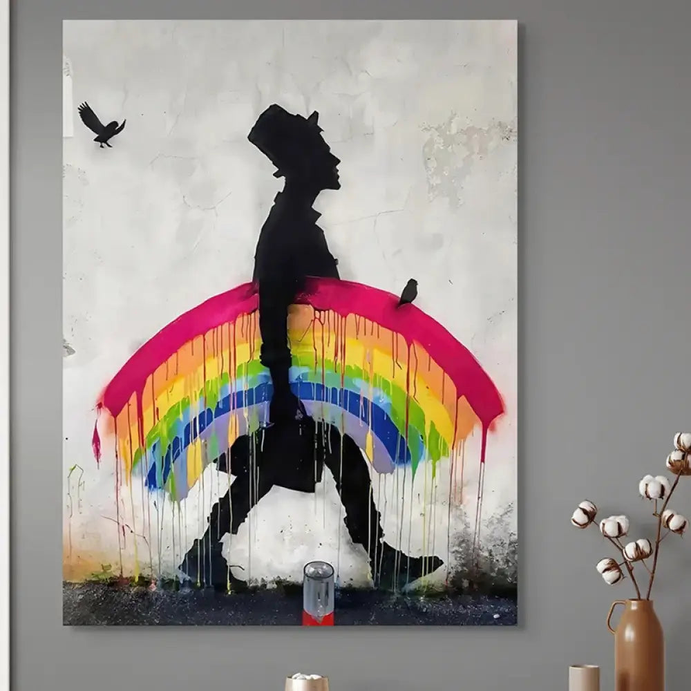 Tableau Banksy – Marcheur sous arc-en-ciel, mur texturé
