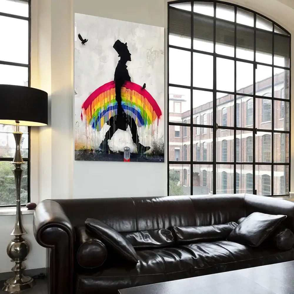 tableau banksy street art le marcheur arc en ciel