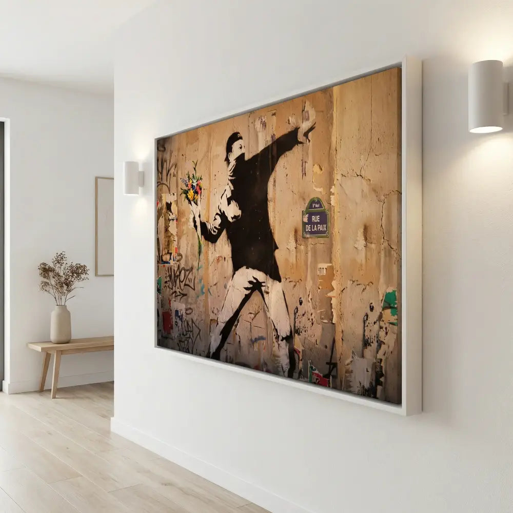 tableau banksy cadre flottant blanc deco murale moderne