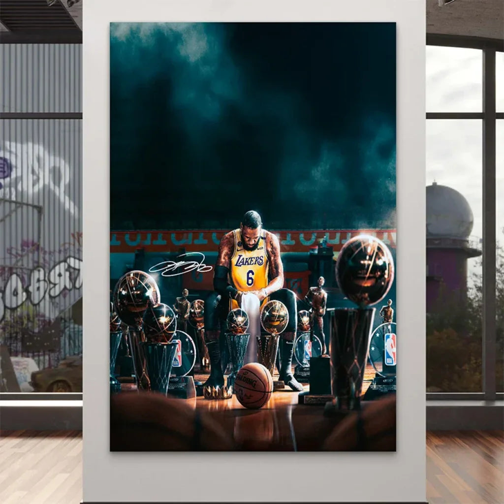 Tableau LeBron James entouré de ses titres de champion NBA