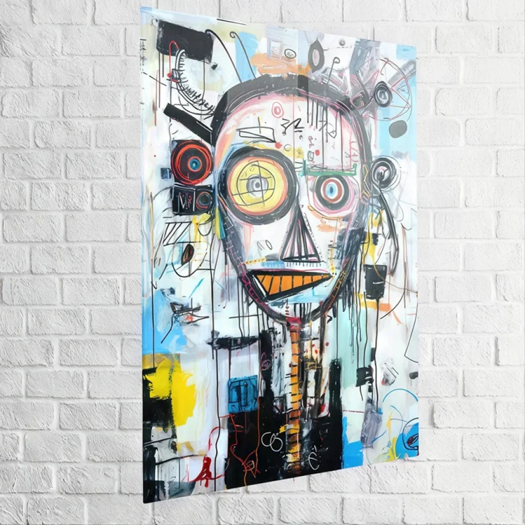 Œuvre murale inspirée de Basquiat avec portrait stylisé et symboles géométriques