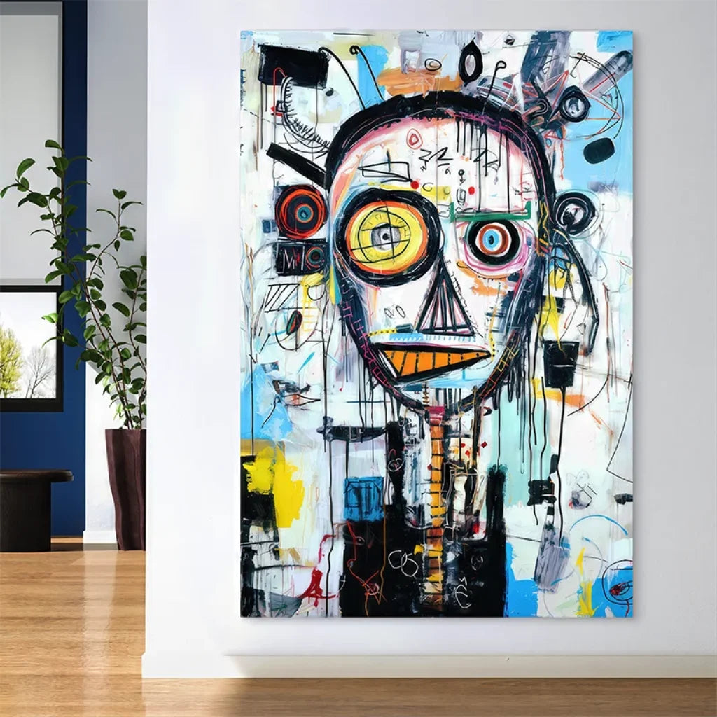 Zoom sur les détails graphiques et couleurs vives du tableau Basquiat L’Art de la Folie