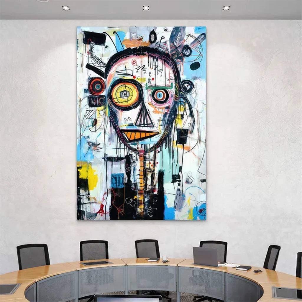 Toile imprimée Basquiat L’Art de la Folie accrochée au-dessus d’un canapé contemporain