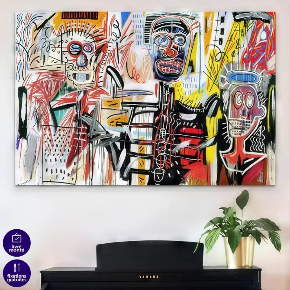 Tableau Basquiat Philistines 1982 exposé sur mur en briques blanches – style urbain et expressif