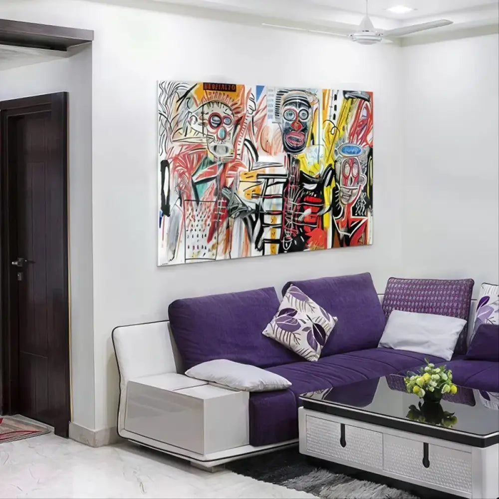 Décoration murale Basquiat Philistines dans un salon moderne avec canapé violet