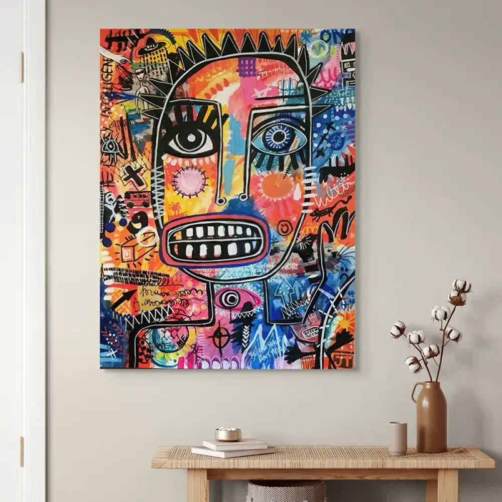 visage pop néon style basquiat fond orange bleu rose déco urbaine
