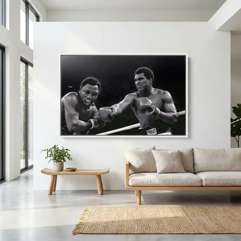 Décoration murale boxe noir et blanc, scène iconique sur le ring