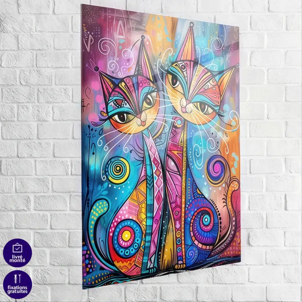 œuvre murale joyeuse avec chats stylisés
