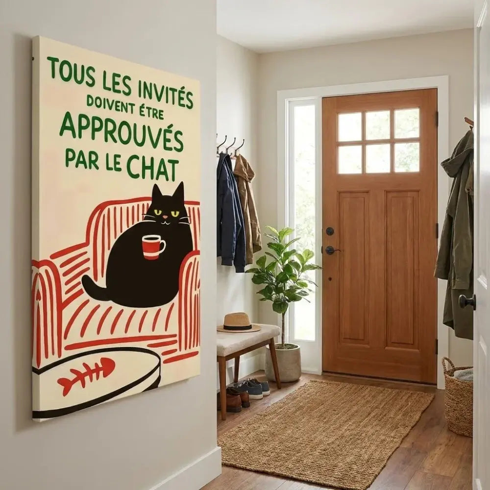 Tableau humoristique chat dans une entrée moderne