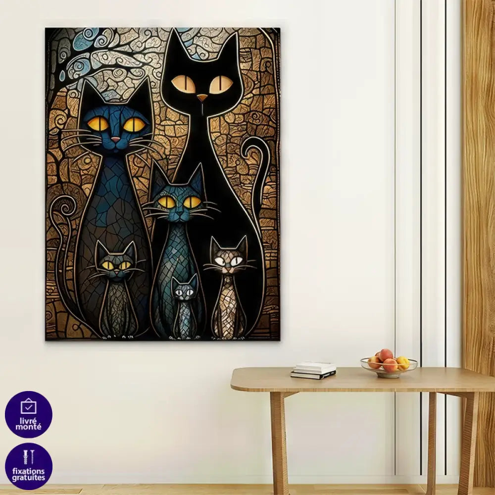 Tableau déco original de chats stylisés en vitrail