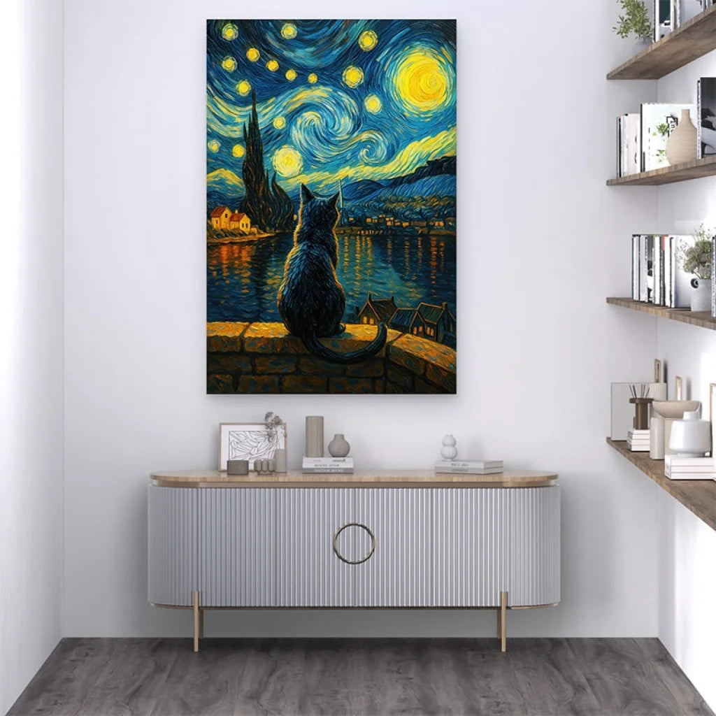 Magnifique tableau déco d’un chat contemplant un ciel étoilé dans un style Van Gogh