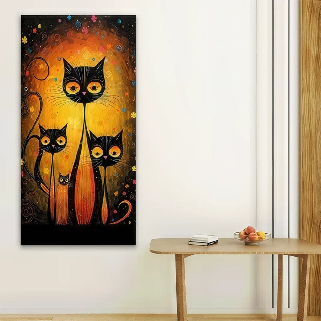 Tableau moderne de chats noirs, décoration murale féérique, ambiance nocturne et mystérieuse - Les Gardiens de la Nuit