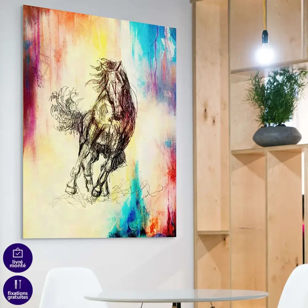 Décoration murale cheval croquis noir et fond abstrait coloré