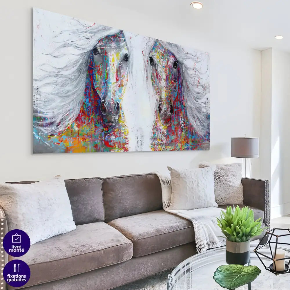 art mural deux chevaux multicolores grand format