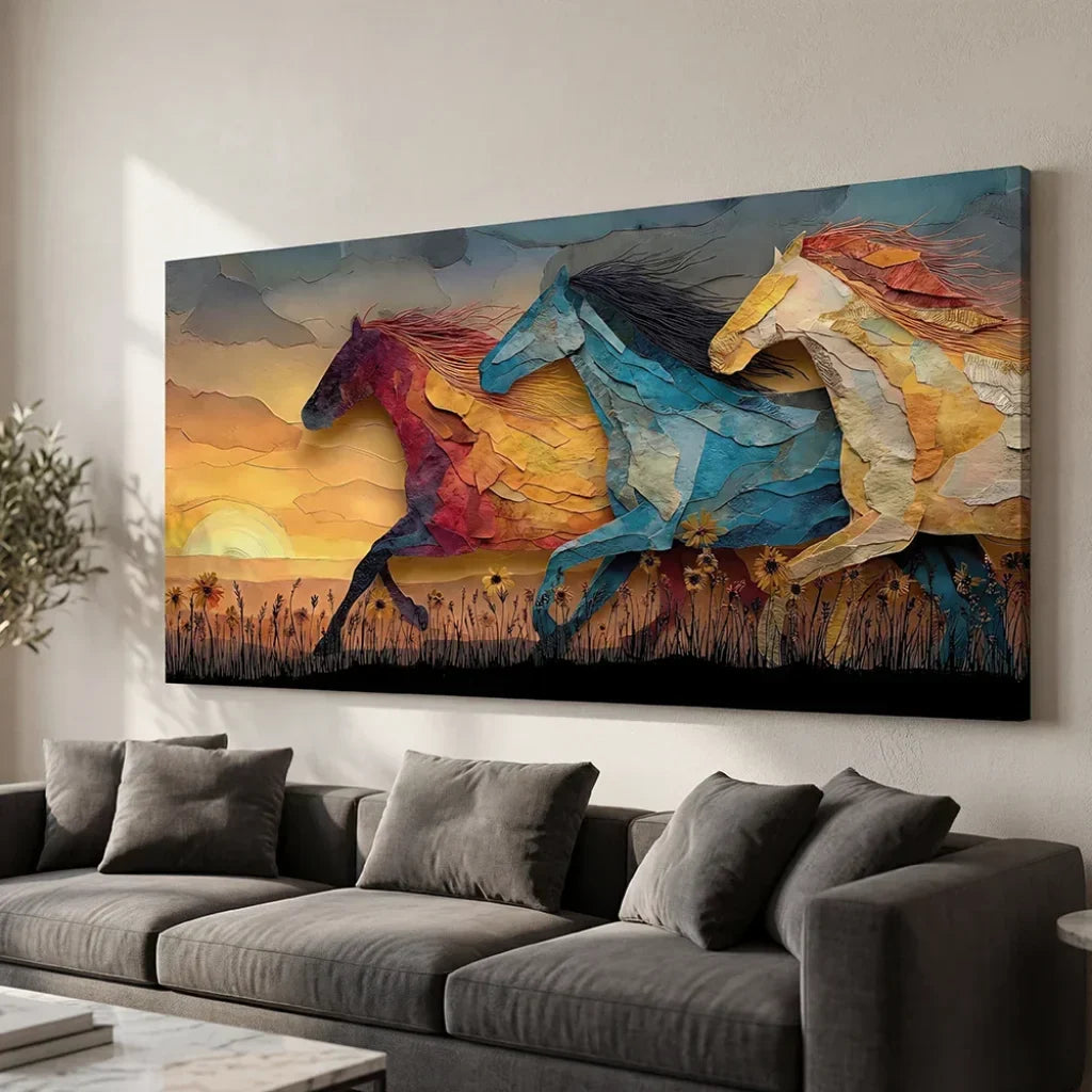 Large-format wall art horses at sunset