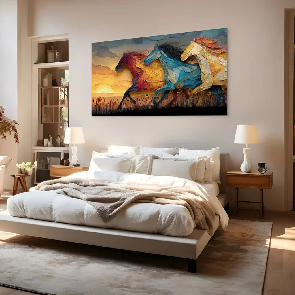 Elegant wall decoration featuring horses galloping at dusk