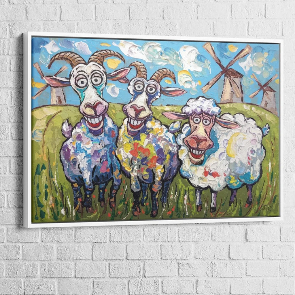 Tableau Chèvres et Brebis en Folie 40x60cm / Cadre Blanc Tableau Luxe