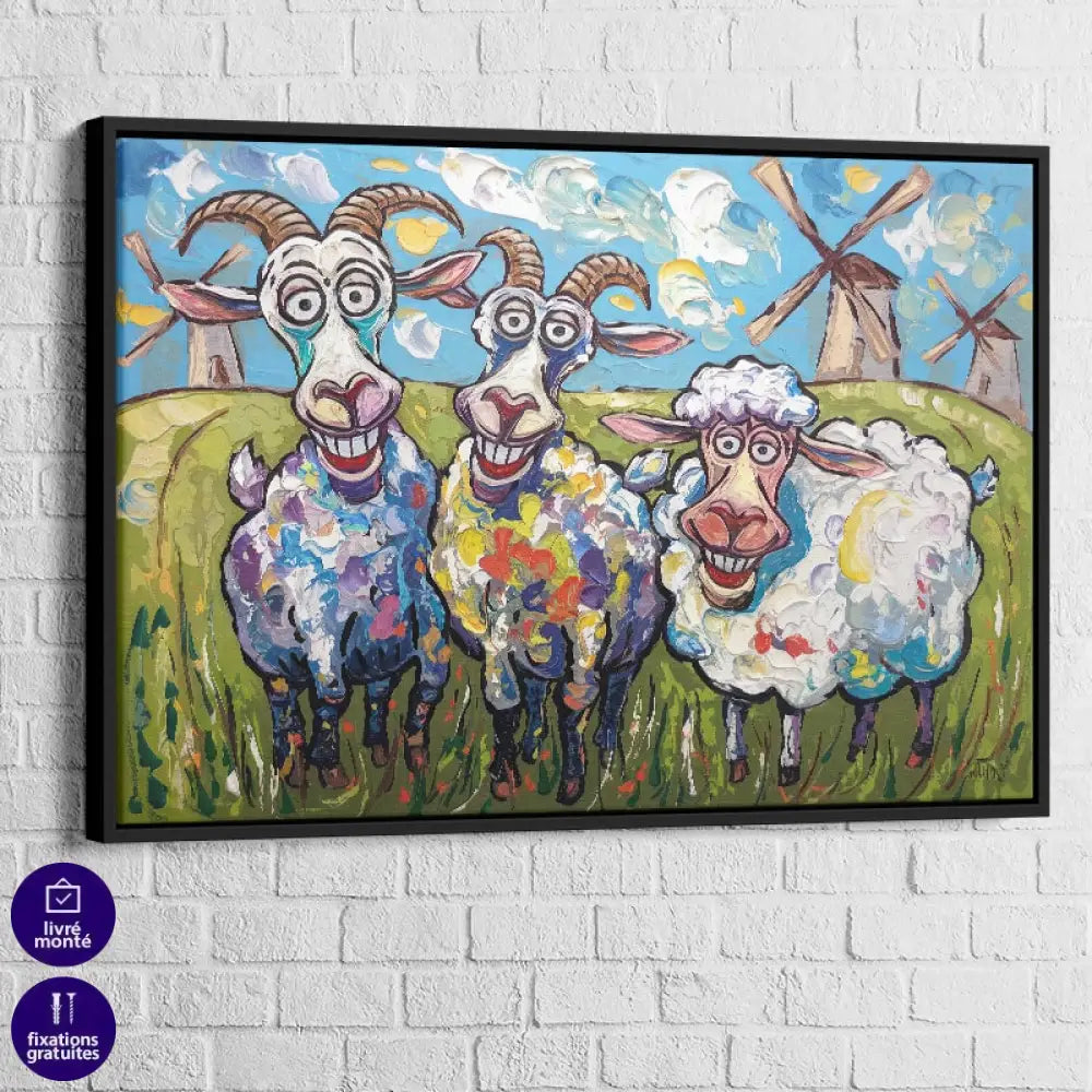 Tableau Chèvres et Brebis en Folie 40x60cm / Cadre Noir Tableau Luxe