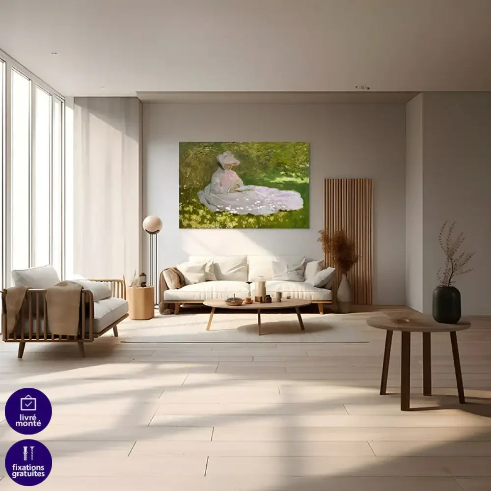 Tableau déco romantique Monet femme au jardin lecture Printemps