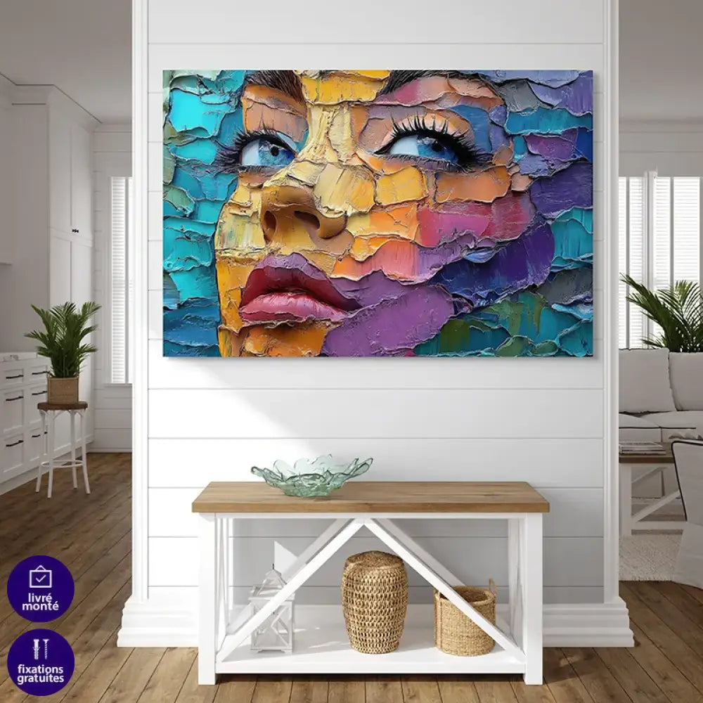 Portrait abstrait féminin coloré avec relief visuel et textures riches