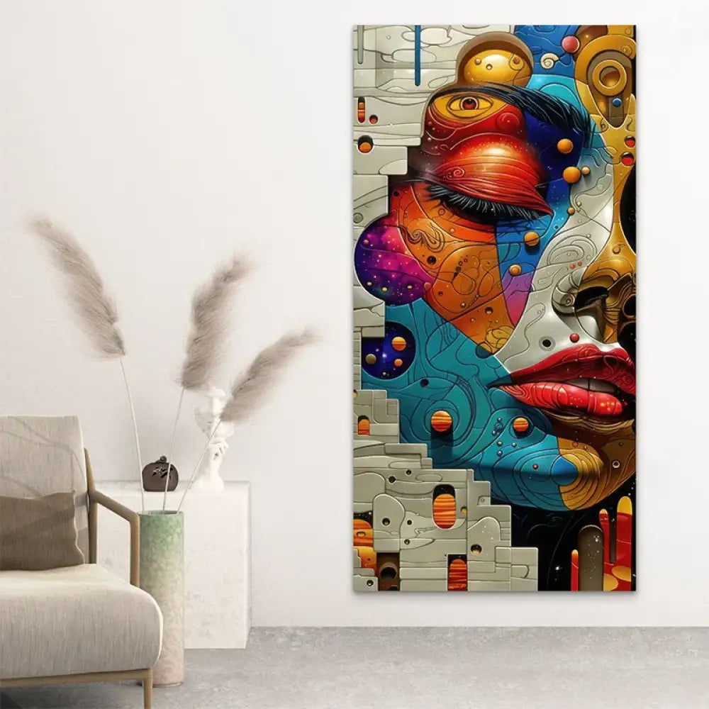 Tableau contemporain coloré visage galactique design mural