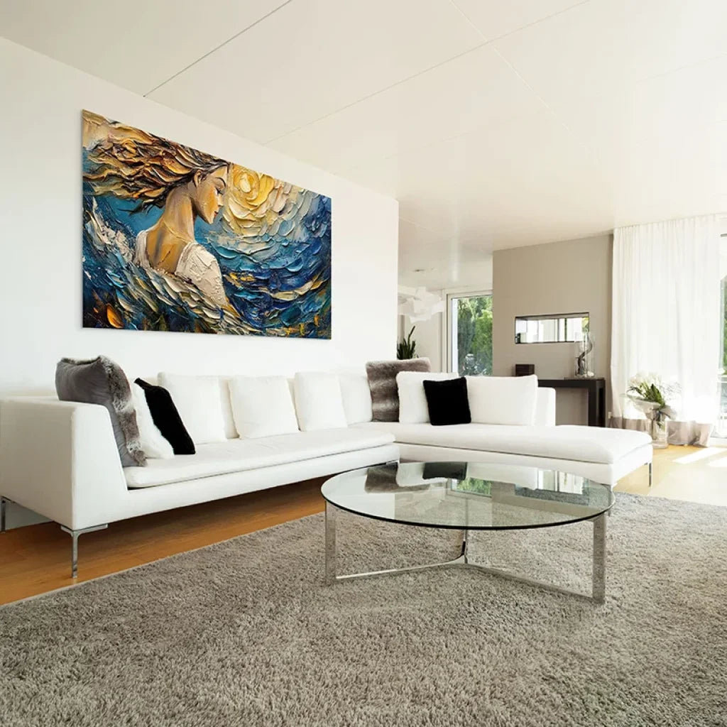 Tableau mural contemporain artistique femme et soleil en arrière-plan