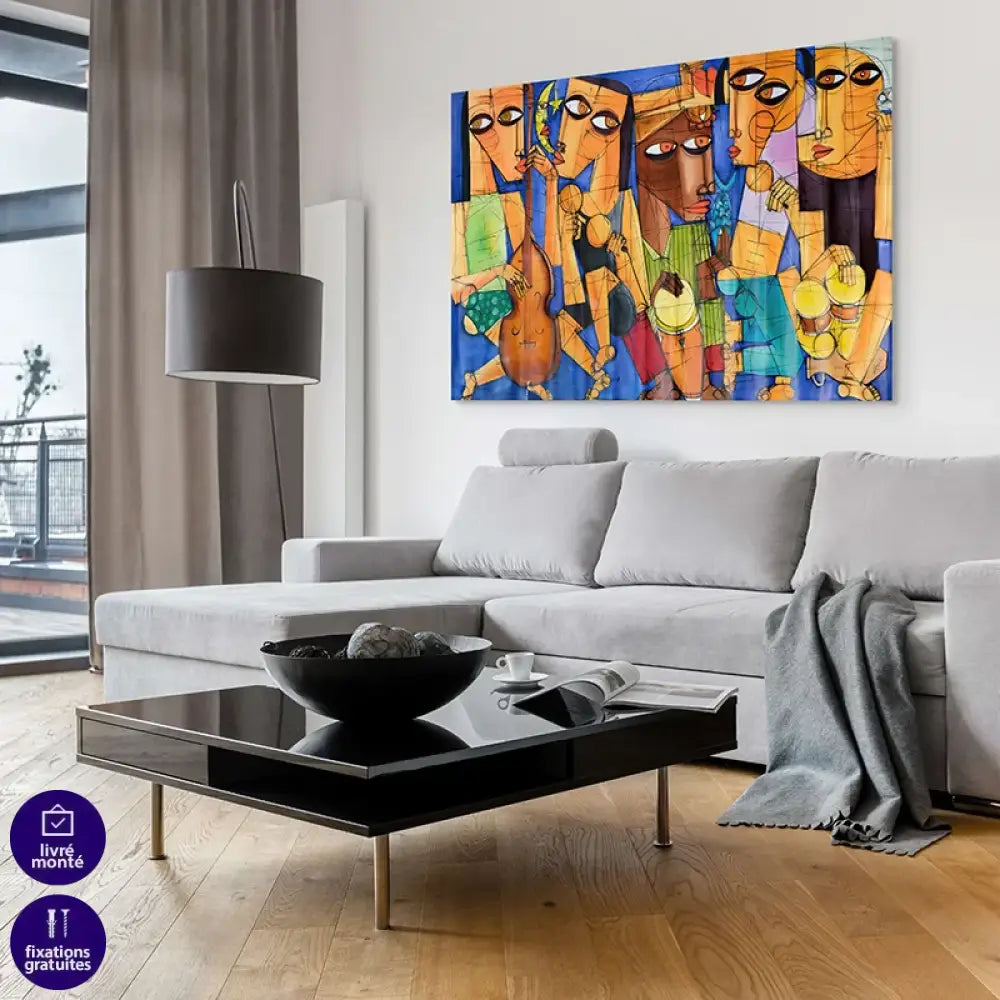 Décoration murale abstraite musiciens – Les Rythmes du Soleil, couleurs chaudes et touches de bleu