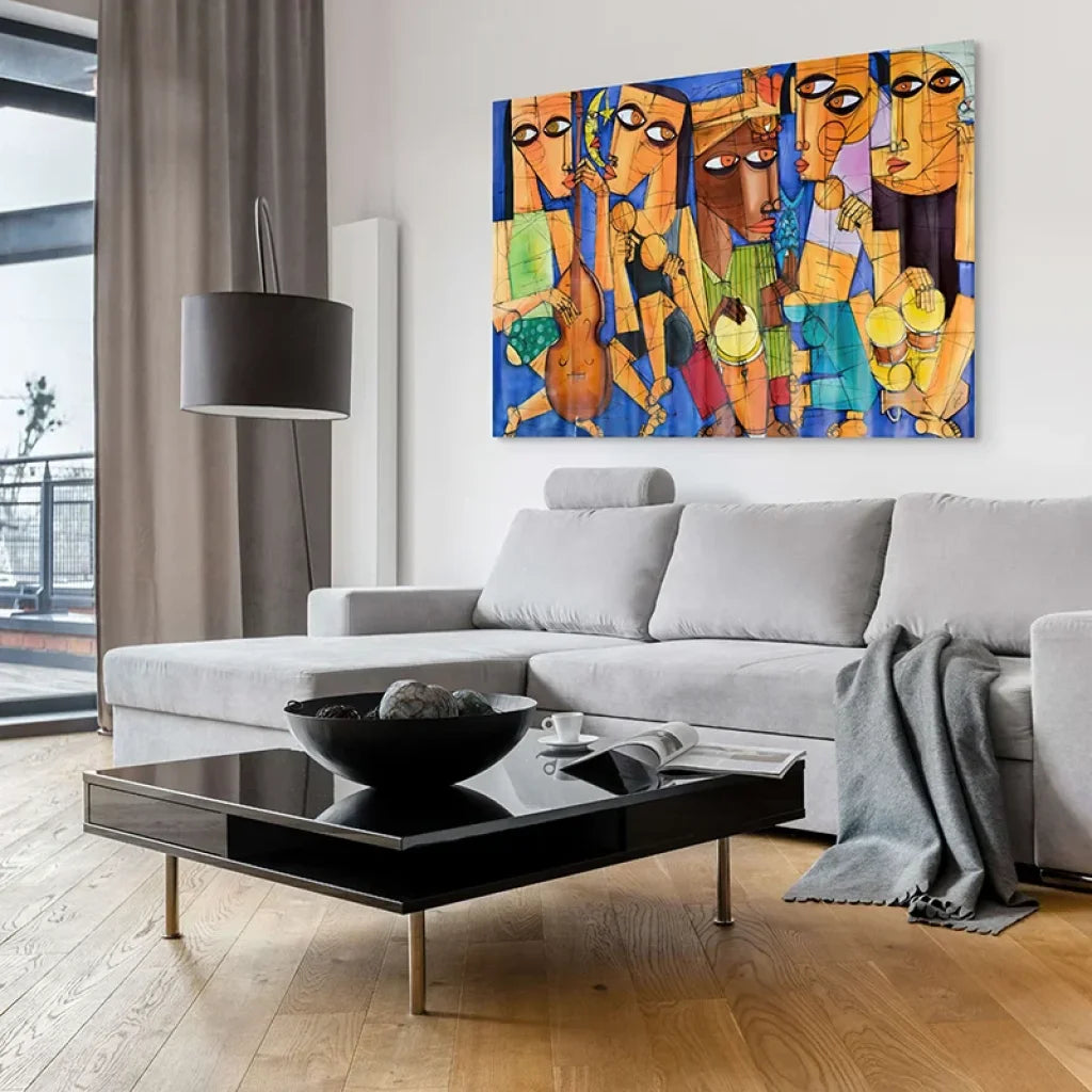 Décoration murale abstraite musiciens – Les Rythmes du Soleil, couleurs chaudes et touches de bleu