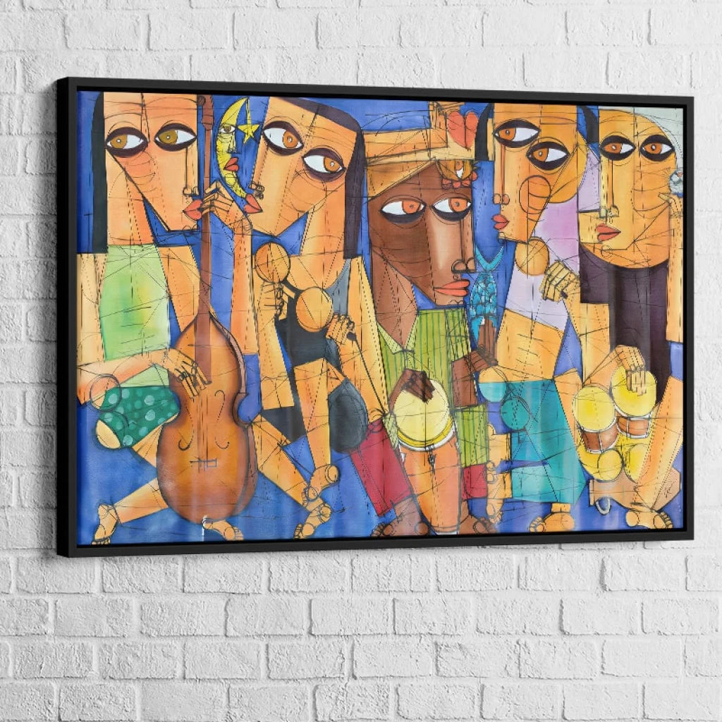 Tableau Les Rythmes du Soleil avec cadre flottant noir – look galerie pour salon