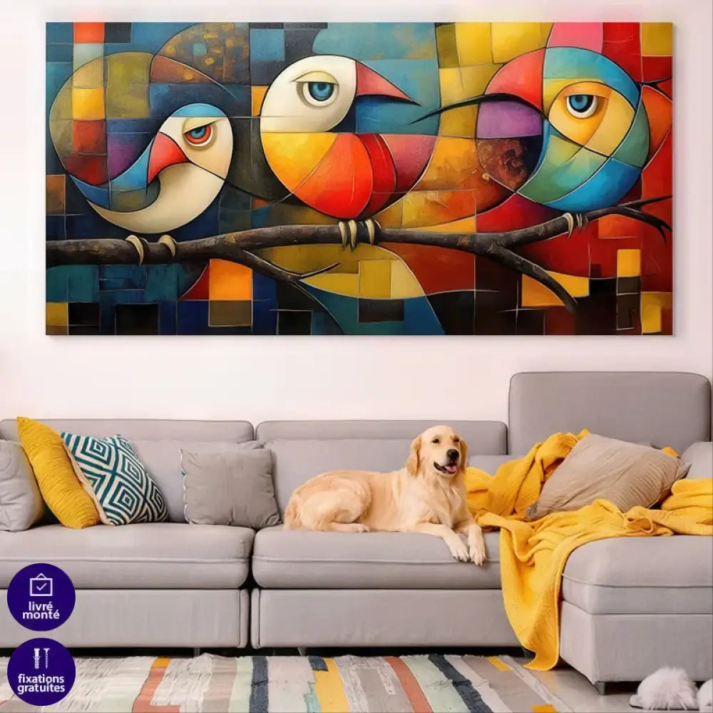 Décoration murale moderne avec tableau d'oiseaux multicolores en formes cubiques dans un salon lumineux