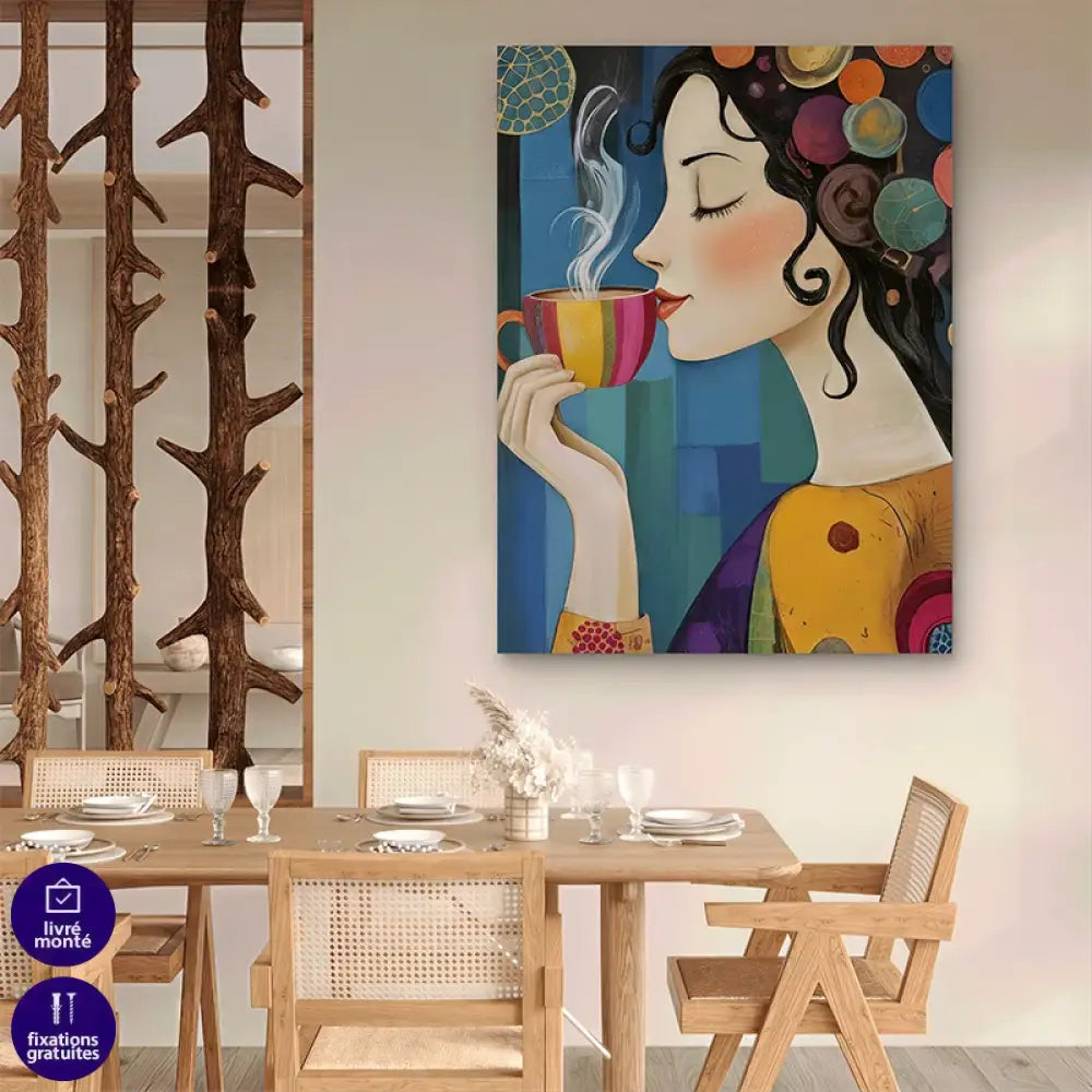 Tableau cuisine femme dégustant un café coloré avec fond artistique moderne