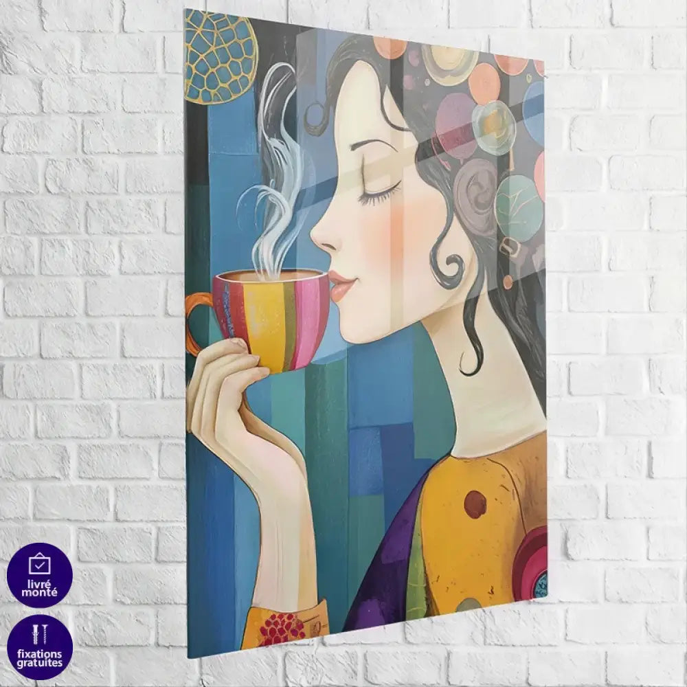 Femme au regard paisible savourant une boisson chaude dans une ambiance cosy