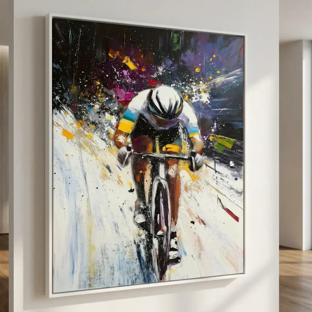 Tableau Cycliste Moderne Explosion de Couleurs - 40x60cm / Cadre Blanc - Tableau Sport