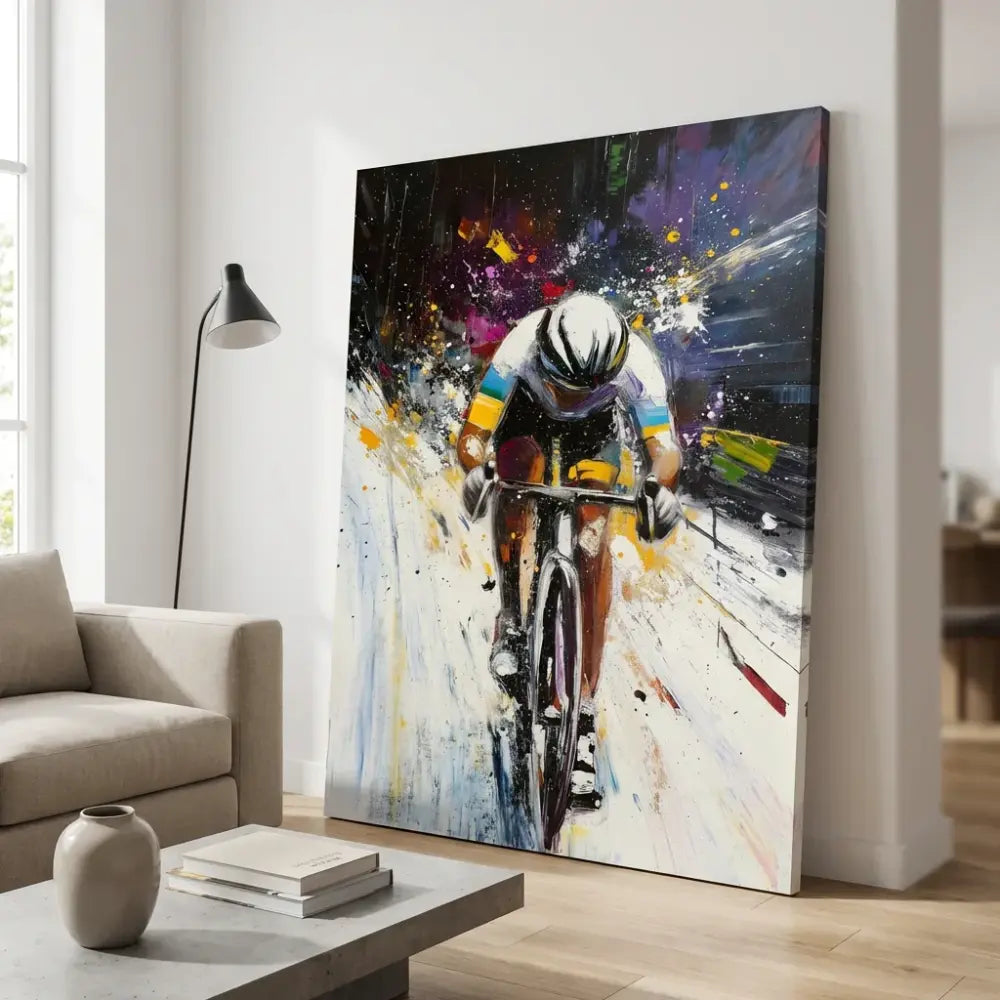 Tableau Cycliste Moderne Explosion de Couleurs - 40x60cm / Toile tendue sur châssis - Tableau Sport