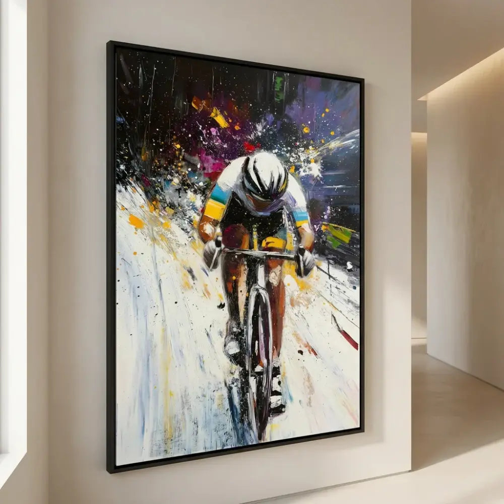 Tableau Cycliste Moderne Explosion de Couleurs - 40x60cm / Cadre Noir - Tableau Sport
