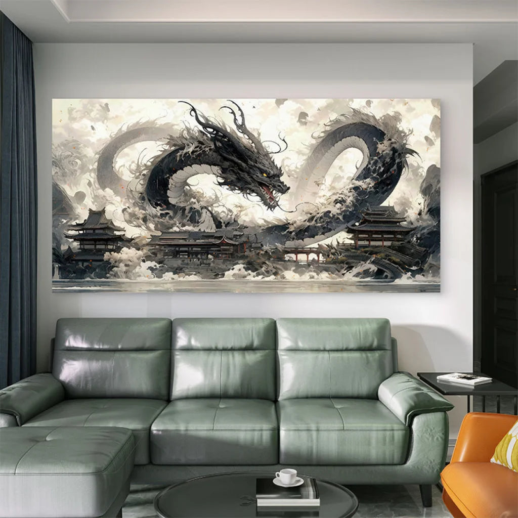 Tableau moderne Shenron Sombre, dragon noir légendaire style Dragon Ball pour décoration murale