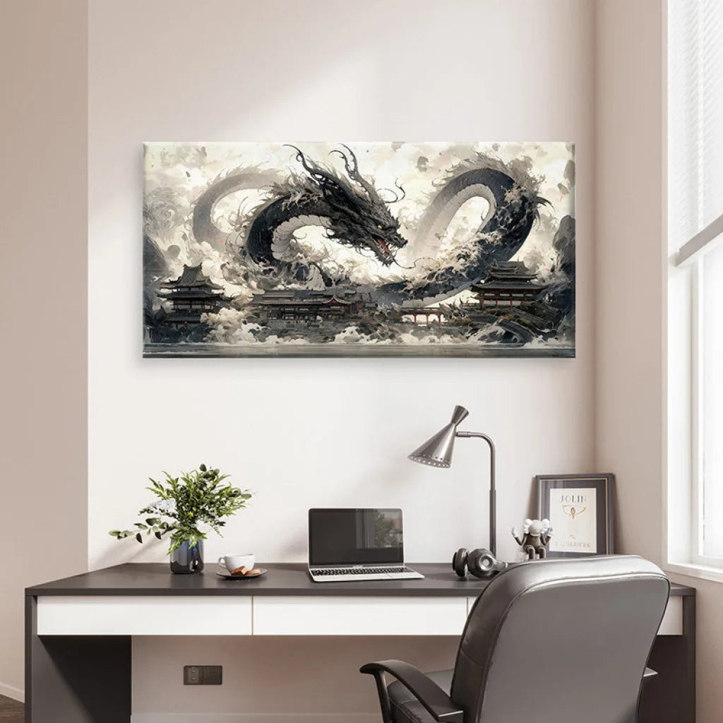 Tableau mural Shenron Sombre accroché au mur d’un salon moderne, style manga et fantasy