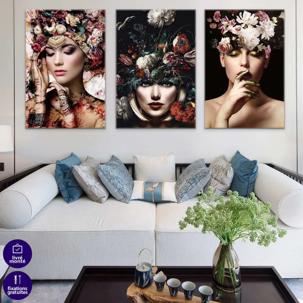 Tableau Femme de Fleurs 3 Pièces - Montableaudeco