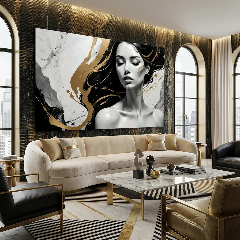 Abstract art painting of an elegant woman in black and gold