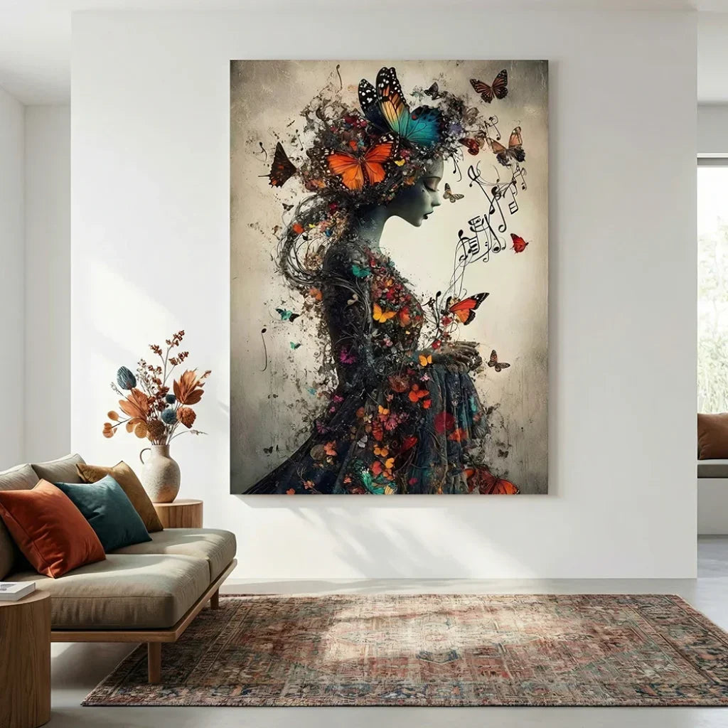 Tableau Femme Papillons et Notes de Musique - 40x60cm / Toile tendue sur châssis - Tableau Femme