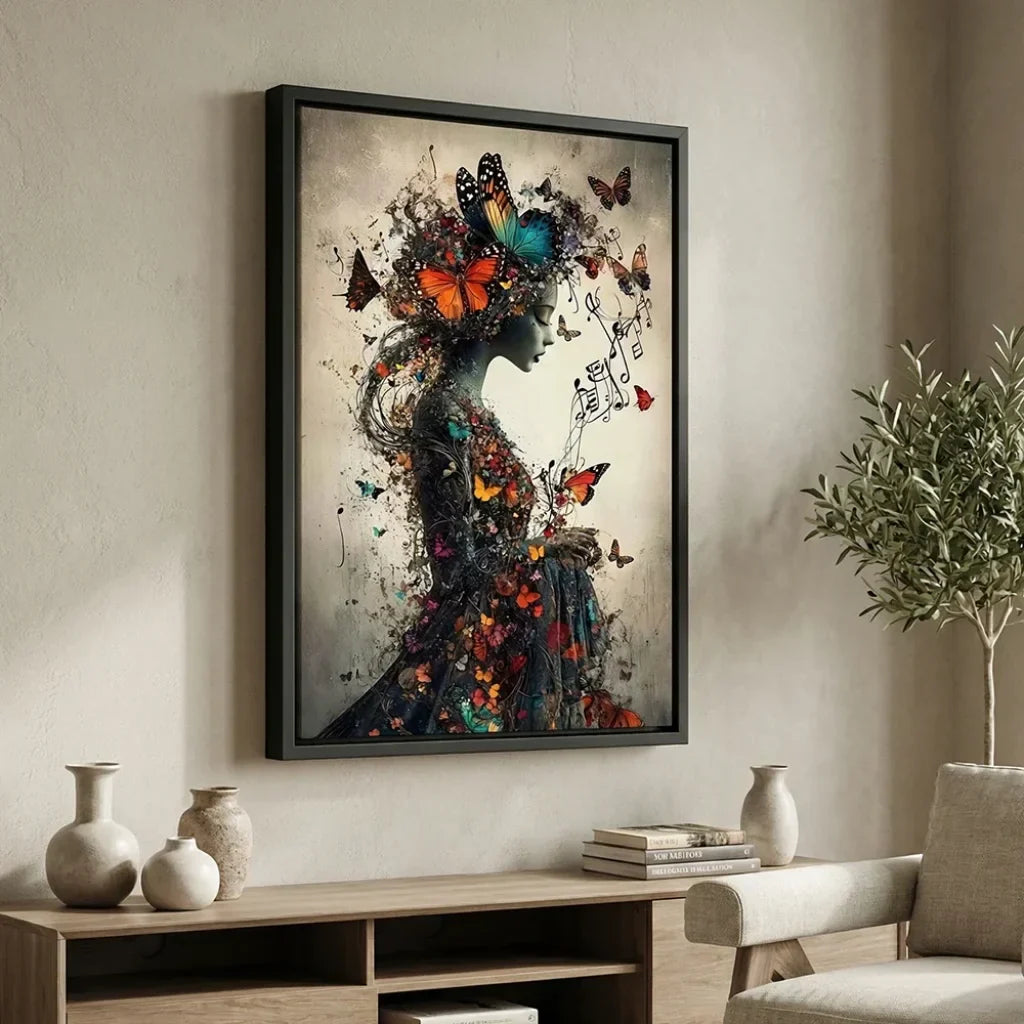 Artistic wall painting of a dreamy woman, multicolored butterflies, and music, abstract style