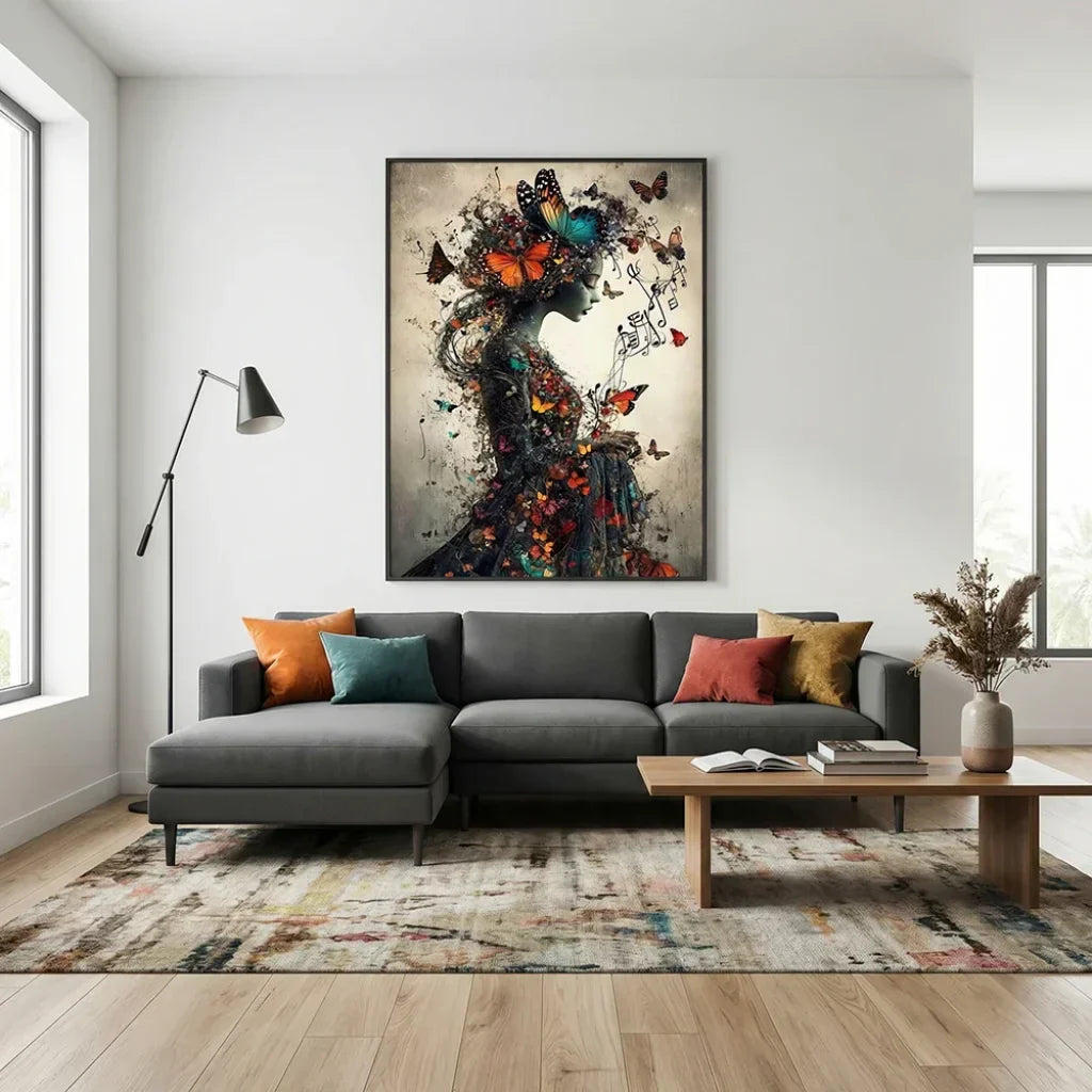 Decorative painting for living room featuring female silhouette, butterflies in flight, and musical score, modern art