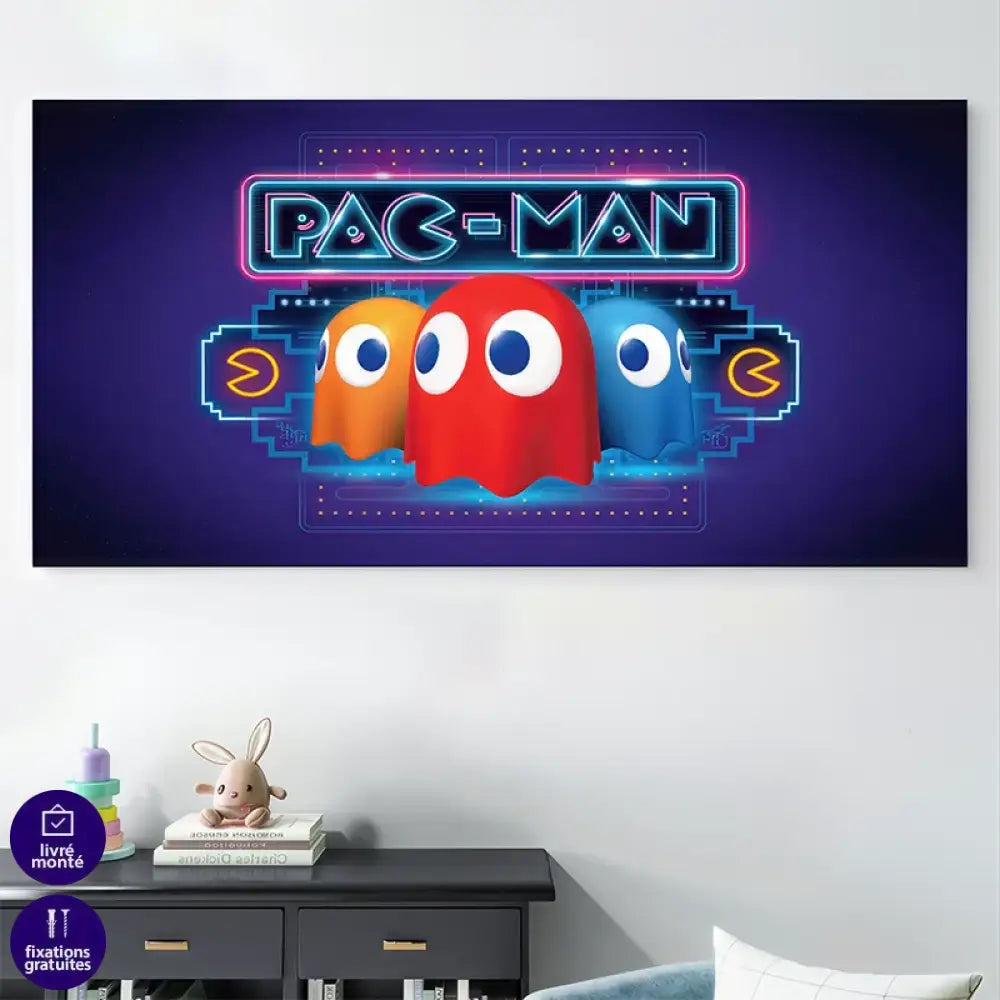 Tableau gaming Pac-Man rétro avec fantômes colorés et logo neon