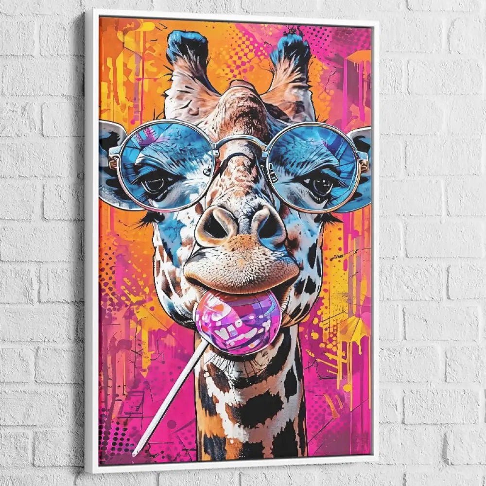 Tableau Girafe Pop Art Lunettes 40x60cm / Cadre Blanc Tableau Girafe